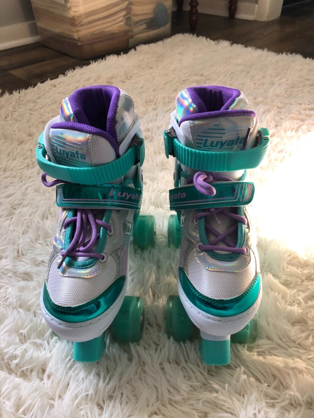 Adjustable Aqua Purple White Shimmer Roller Skates